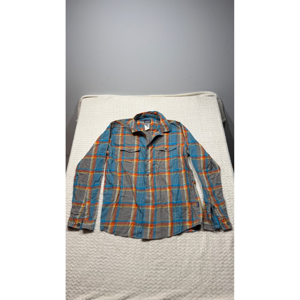 Patagonia Mens Organic Cotton Plaid Button Down Shirt Blue Orange Grey Medium